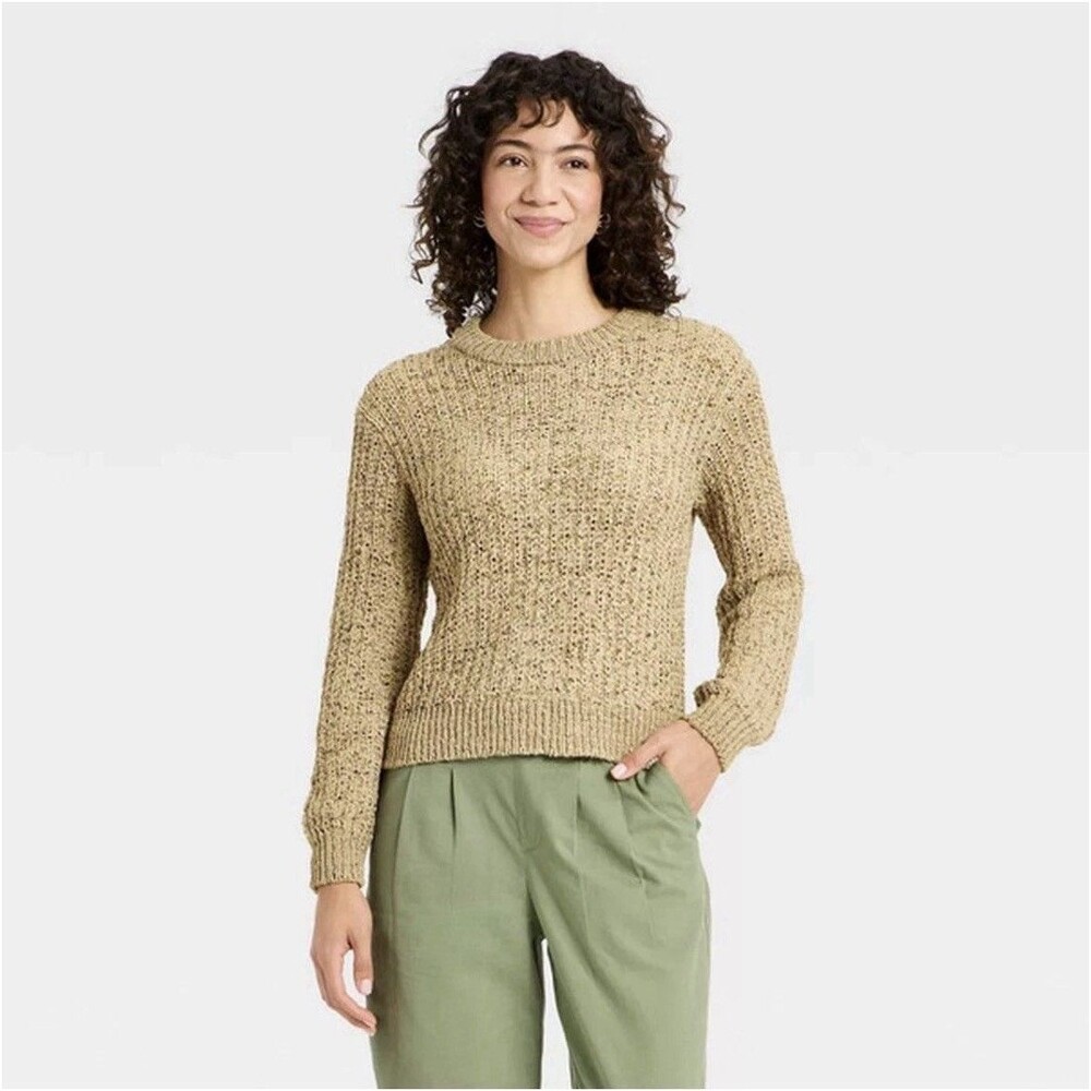Women's Long Sleeve Tape Yarn Pullover Sweater - A New Day Brown Size Small